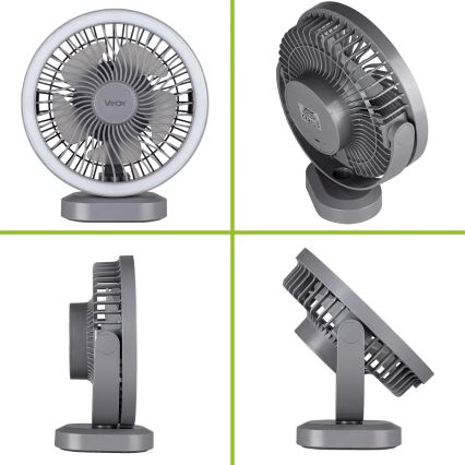 Ventilador de mesa recargable LED con iluminación LED LED/3W/5V USB 2400 mAh gris