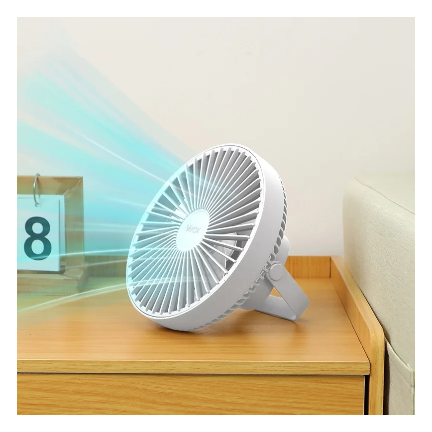Ventilador de mesa recargable LED con iluminación LED LED/2W/5V USB 2400 mAh blanco