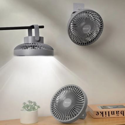 Ventilador de mesa recargable LED con iluminación LED LED/2W/5V USB 2400 mAh gris