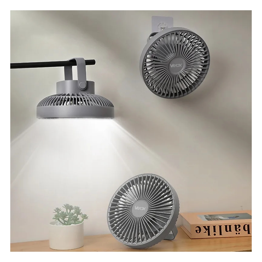 Ventilador de mesa recargable LED con iluminación LED LED/2W/5V USB 2400 mAh gris