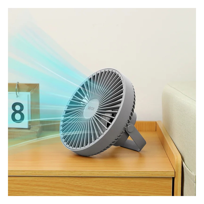 Ventilador de mesa recargable LED con iluminación LED LED/2W/5V USB 2400 mAh gris