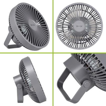 Ventilador de mesa recargable LED con iluminación LED LED/2W/5V USB 2400 mAh gris