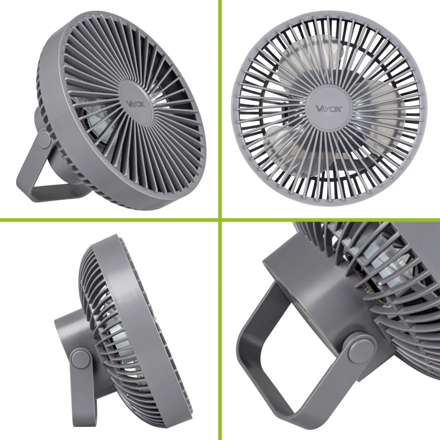 Ventilador de mesa recargable LED con iluminación LED LED/2W/5V USB 2400 mAh gris