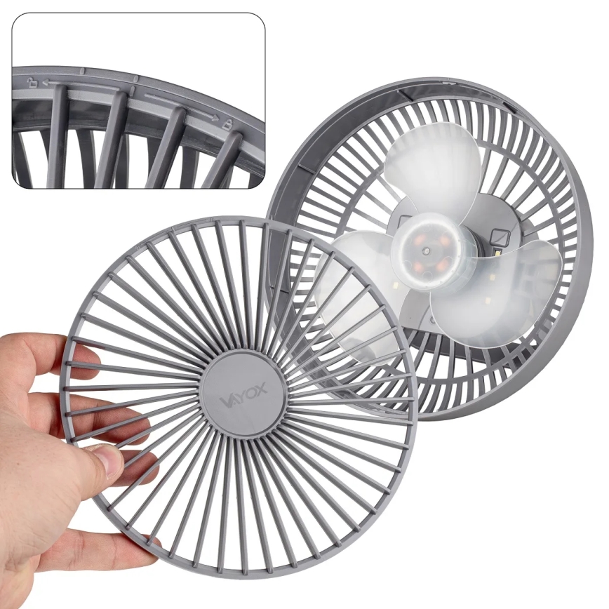 Ventilador de mesa recargable LED con iluminación LED LED/2W/5V USB 2400 mAh gris