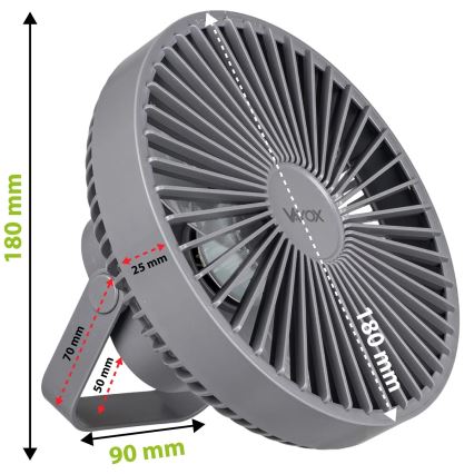 Ventilador de mesa recargable LED con iluminación LED LED/2W/5V USB 2400 mAh gris