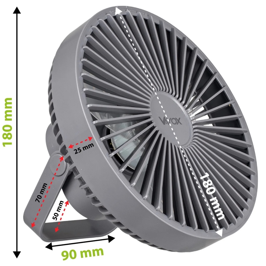 Ventilador de mesa recargable LED con iluminación LED LED/2W/5V USB 2400 mAh gris