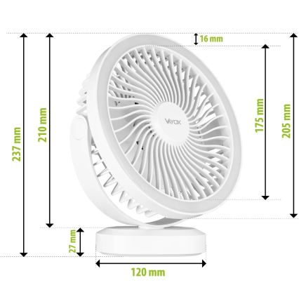 Ventilador de mesa recargable LED con iluminación LED LED/3W/5V USB 2400 mAh blanco