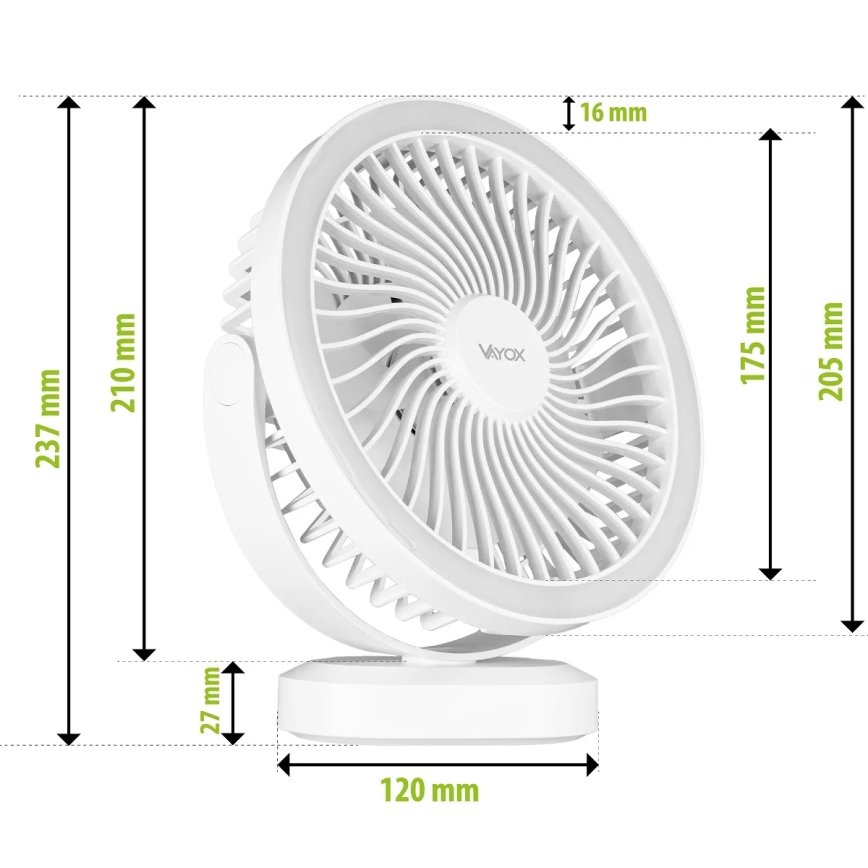 Ventilador de mesa recargable LED con iluminación LED LED/3W/5V USB 2400 mAh blanco
