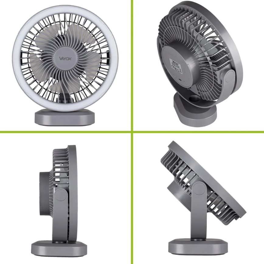 Ventilador de mesa recargable LED con iluminación LED LED/3W/5V USB 2400 mAh gris
