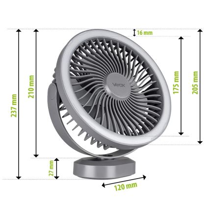 Ventilador de mesa recargable LED con iluminación LED LED/3W/5V USB 2400 mAh gris