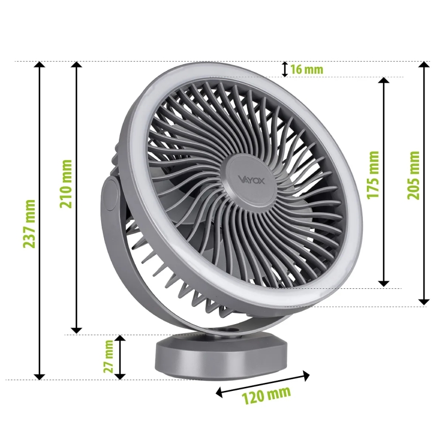 Ventilador de mesa recargable LED con iluminación LED LED/3W/5V USB 2400 mAh gris