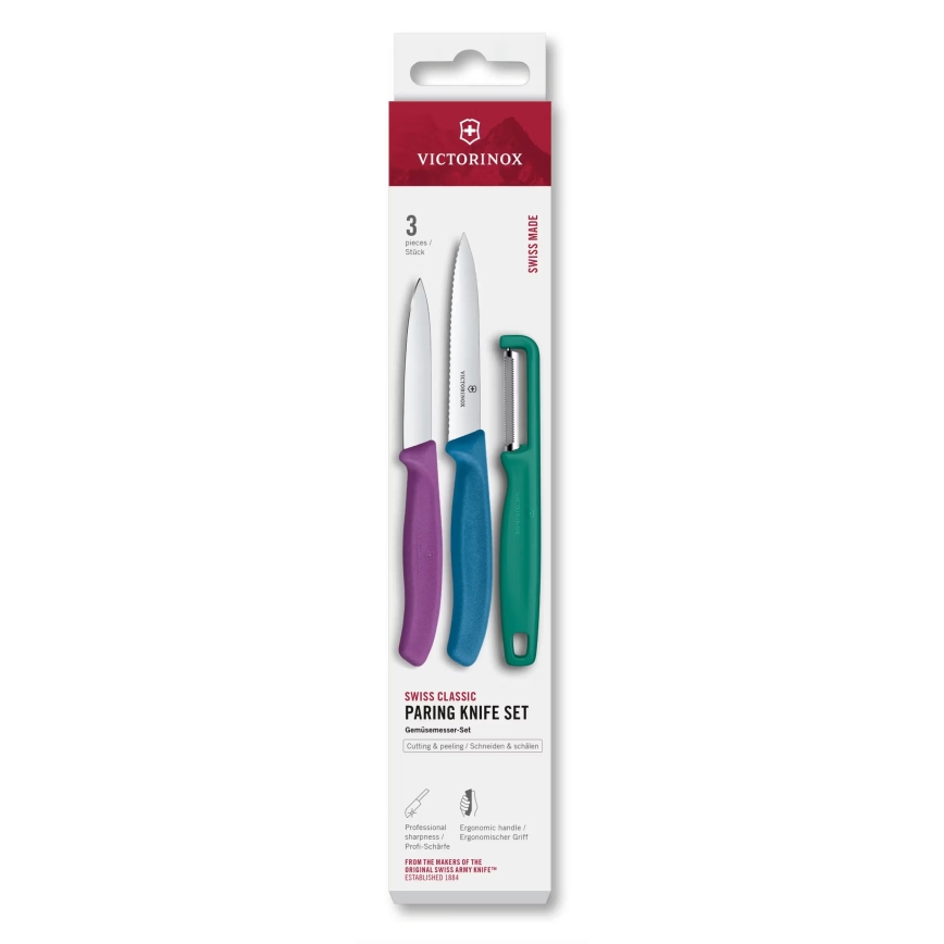 Victorinox - Juego de 3 cuchillos de cocina SWISS CLASSIC con pelador, multicolor