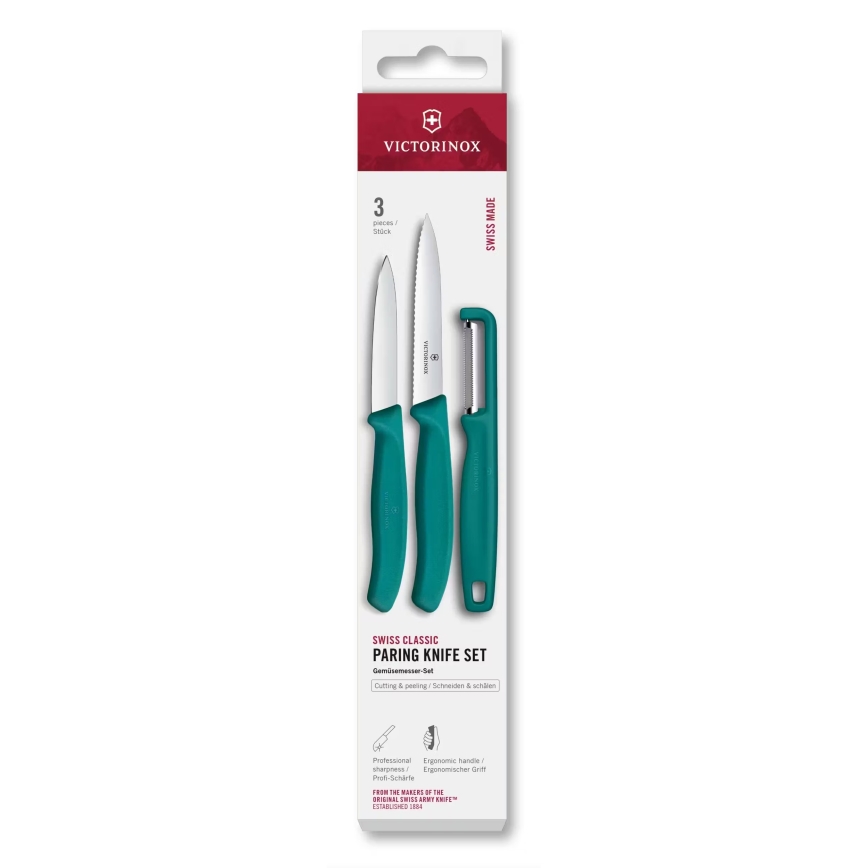 Victorinox - Juego de 3 cuchillos de cocina SWISS CLASSIC con pelador, turquesa