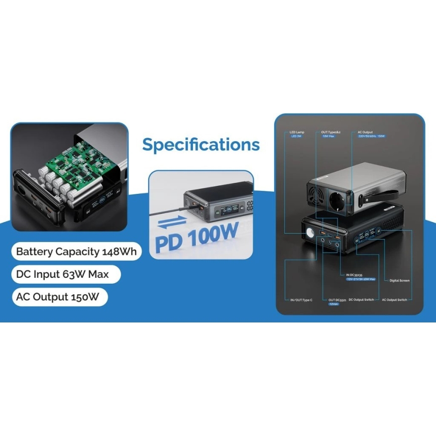 Viking - Estación de carga con pantalla LED y Power Delivery, 148 Wh