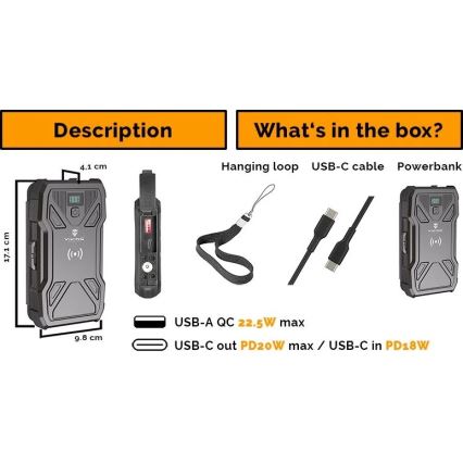 Viking - Power Bank con linterna LED integrada, carga inalámbrica y panel solar Power Delivery 22,5W/10000 mAh