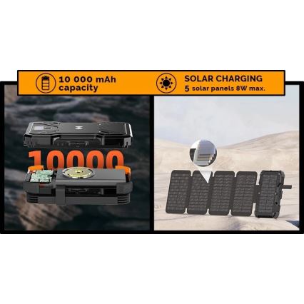 Viking - Power Bank con linterna LED integrada, carga inalámbrica y panel solar Power Delivery 22,5W/10000 mAh