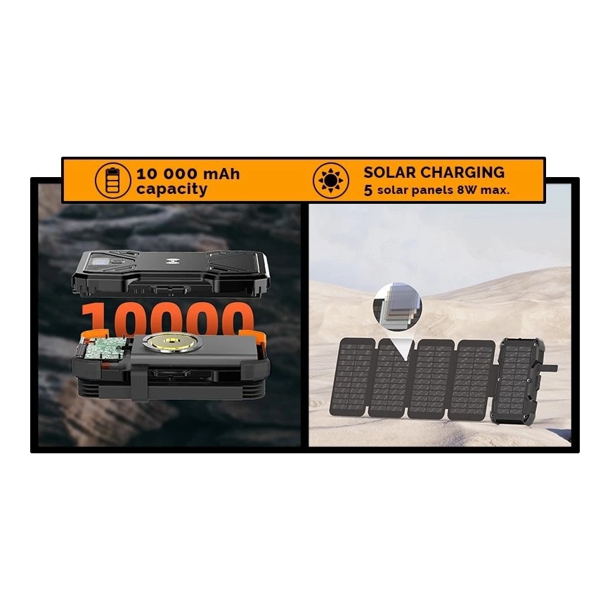 Viking - Power Bank con linterna LED integrada, carga inalámbrica y panel solar Power Delivery 22,5W/10000 mAh