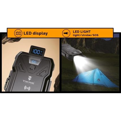 Viking - Power Bank con linterna LED integrada, carga inalámbrica y panel solar Power Delivery 22,5W/10000 mAh