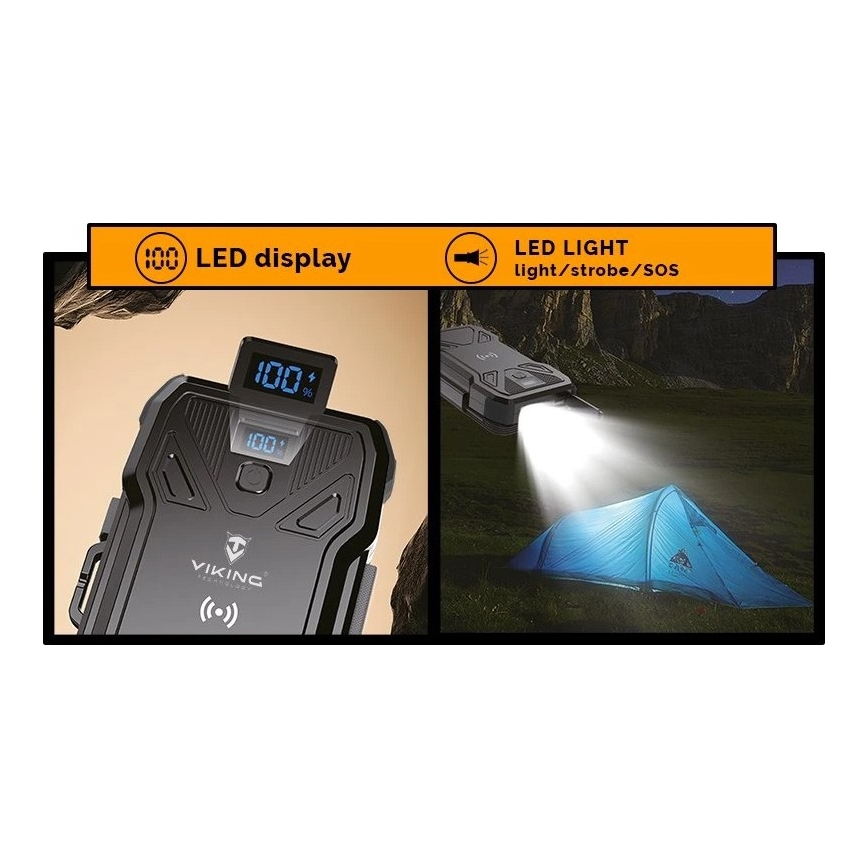 Viking - Power Bank con linterna LED integrada, carga inalámbrica y panel solar Power Delivery 22,5W/10000 mAh