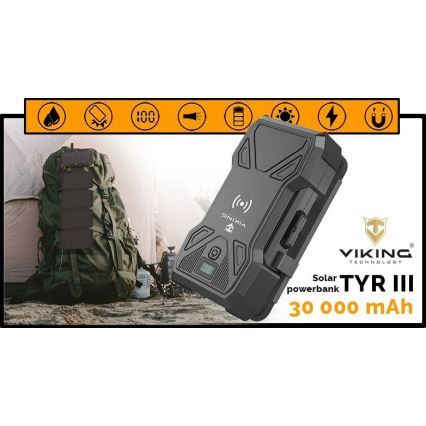 Viking - Power bank con linterna LED, carga inalámbrica y panel solar Power Delivery 22,5W/30000 mAh