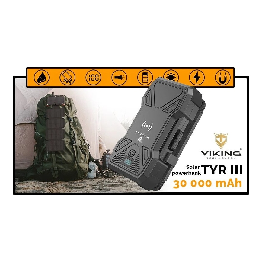Viking - Power bank con linterna LED, carga inalámbrica y panel solar Power Delivery 22,5W/30000 mAh