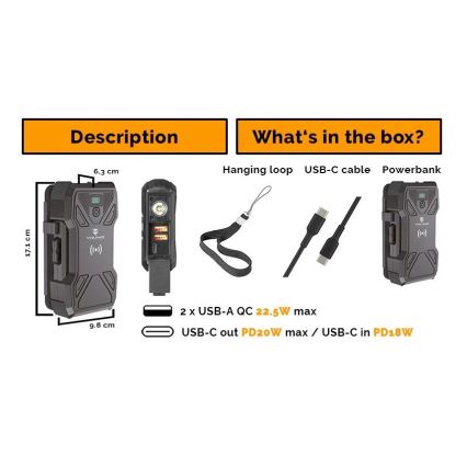 Viking - Power bank con linterna LED, carga inalámbrica y panel solar Power Delivery 22,5W/30000 mAh