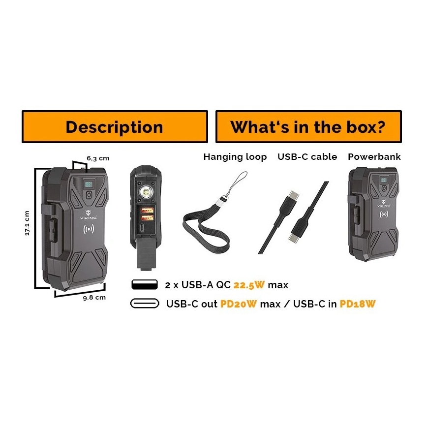 Viking - Power bank con linterna LED, carga inalámbrica y panel solar Power Delivery 22,5W/30000 mAh