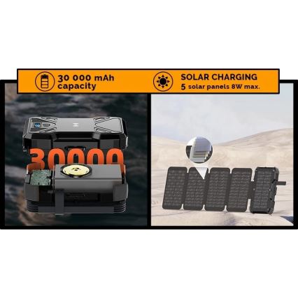 Viking - Power bank con linterna LED, carga inalámbrica y panel solar Power Delivery 22,5W/30000 mAh