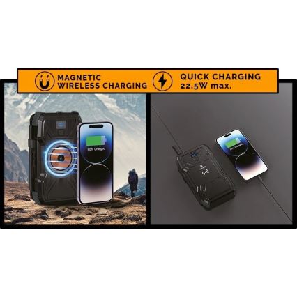 Viking - Power bank con linterna LED, carga inalámbrica y panel solar Power Delivery 22,5W/30000 mAh