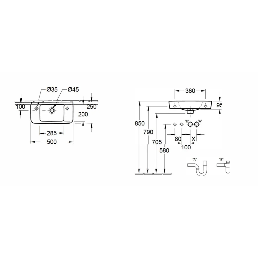 Villeroy & Boch 4342L501 - Lavabo suspendido O.NOVO 50x25 cm cerámica/blanco