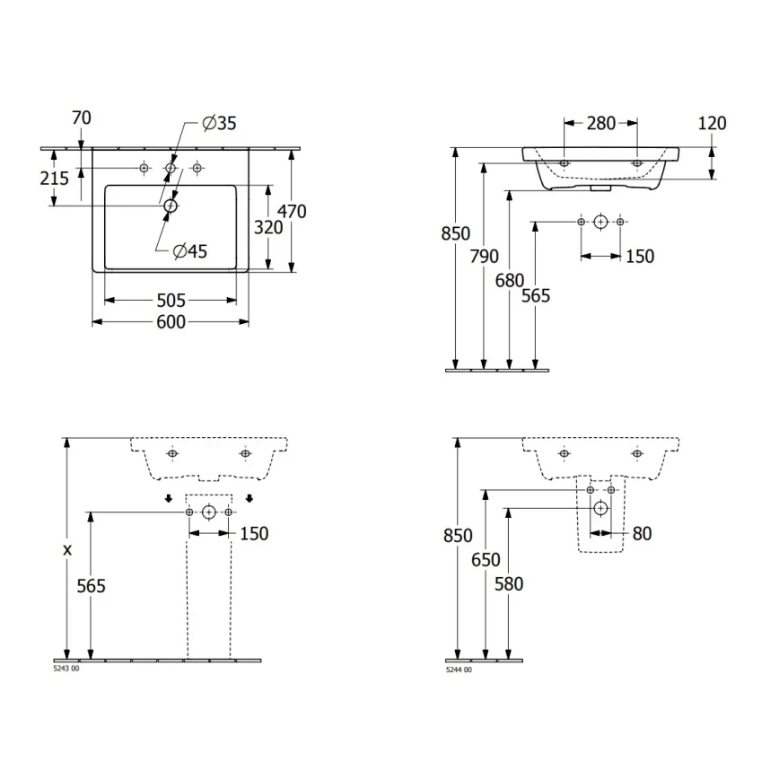 Villeroy & Boch 4A706001 - Lavabo suspendido SUBWAY 3.0 60x47 cm cerámica/blanco