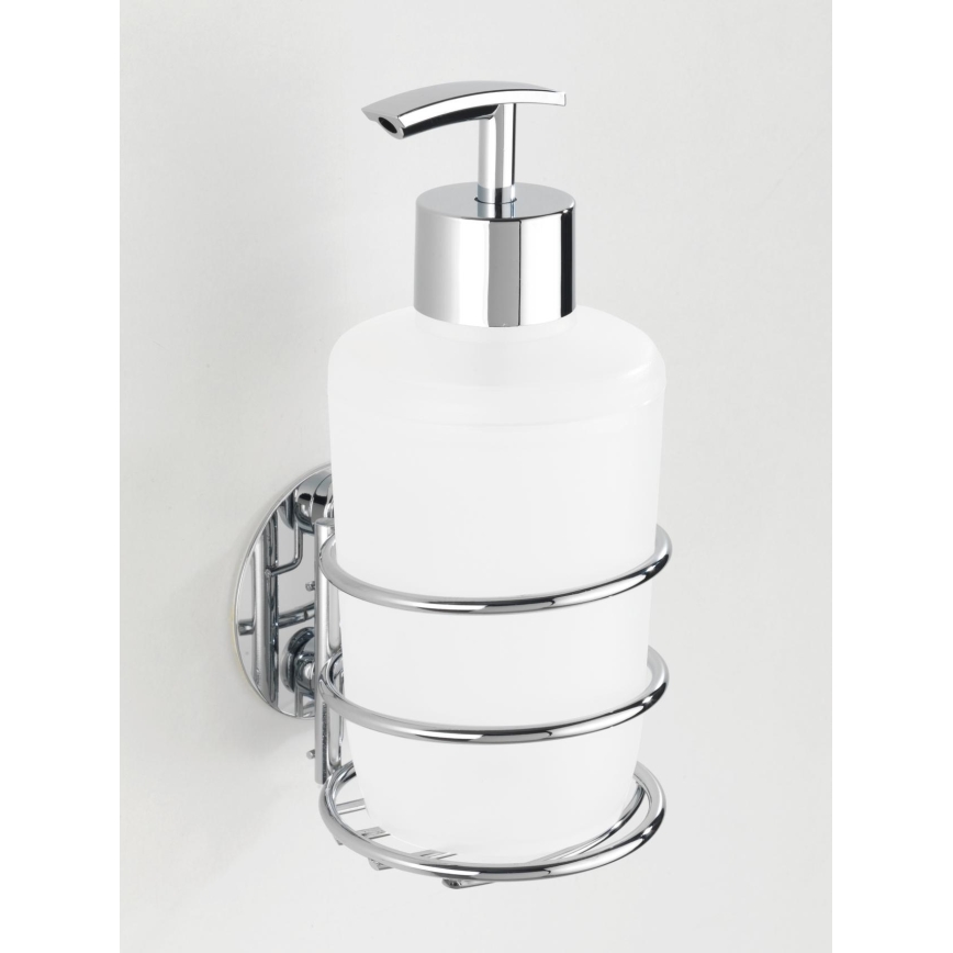 WENKO 18777100 - Dispensador de jabón TURBO-LOC redondo de acero, 7,5x16,5 cm, cromo brillante/blanco