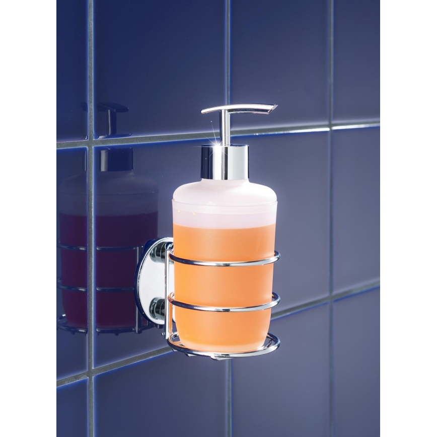 WENKO 18777100 - Dispensador de jabón TURBO-LOC redondo de acero, 7,5x16,5 cm, cromo brillante/blanco