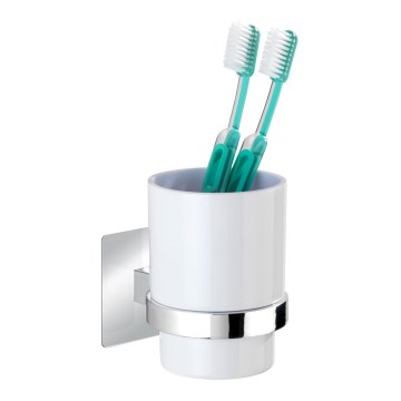 WENKO 23847800-Vaso para cepillos de dientes TURBO-LOC QUADRO ED. 7x9,5 cm cromo brillante/blanco