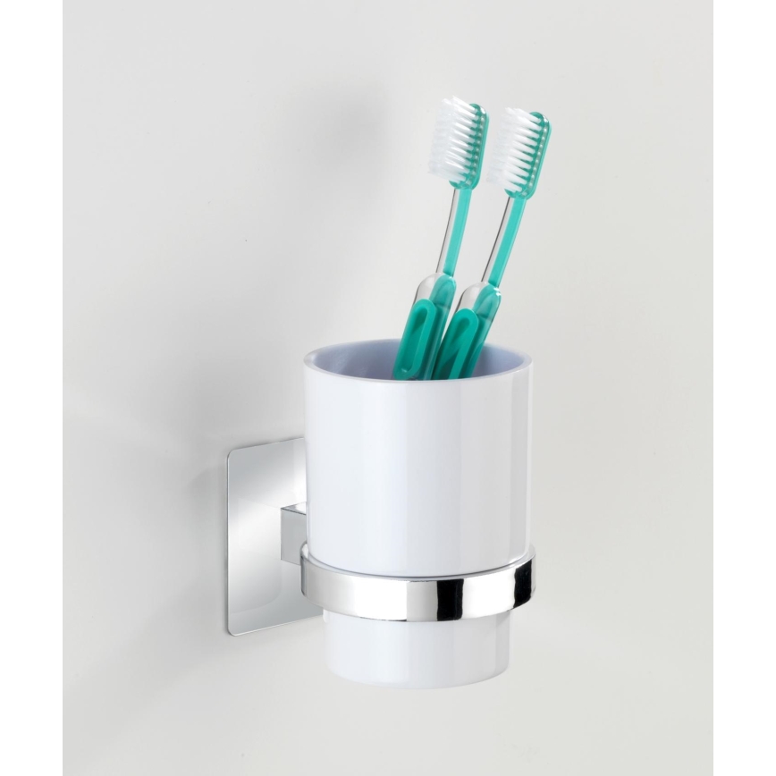 WENKO 23847800-Vaso para cepillos de dientes TURBO-LOC QUADRO ED. 7x9,5 cm cromo brillante/blanco