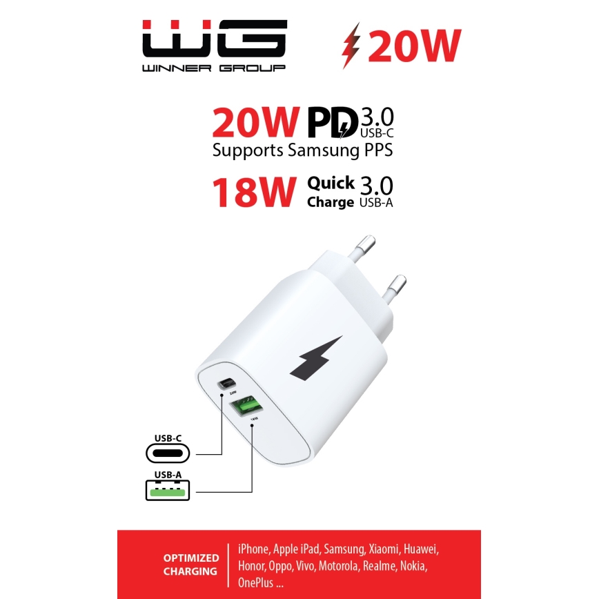 Winner Group - Adaptador de carga rápida 1x USB-C + 1x USB-A con Power Delivery 20W, blanco