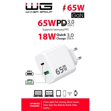 Winner Group - Adaptador de carga rápida 1xUSB-C + 1xUSB-A Power Delivery 65W blanco