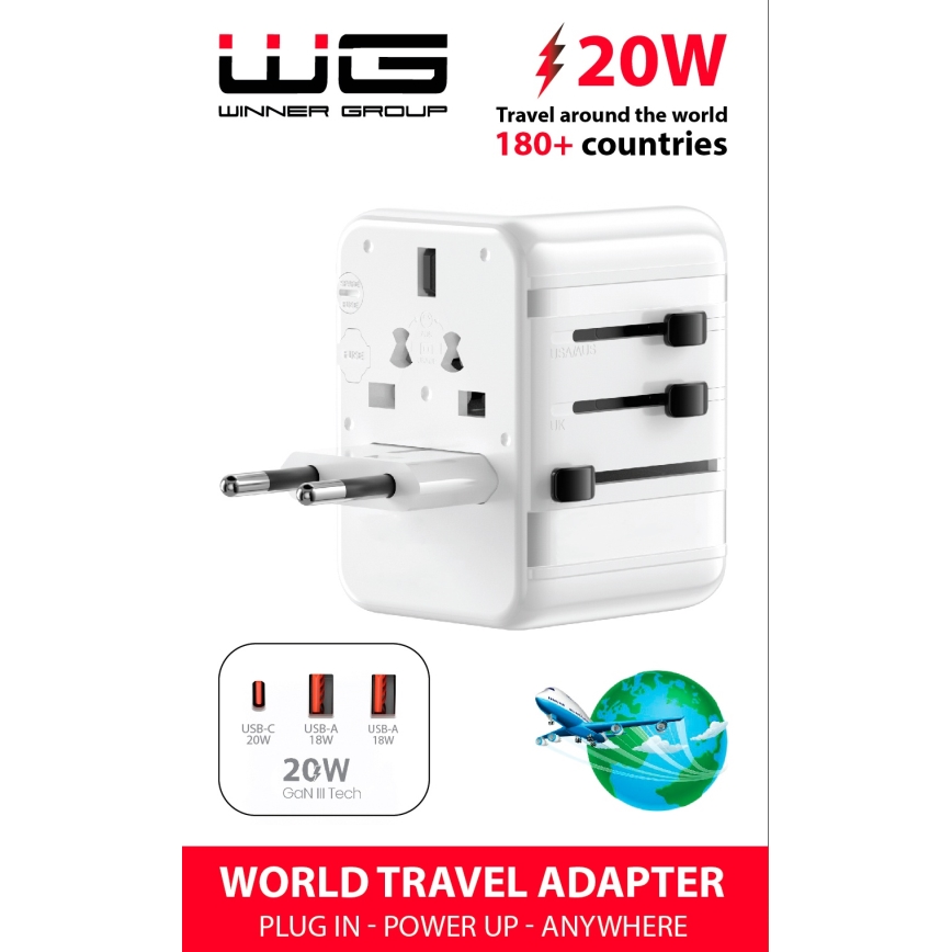 Winner Group - Adaptador de viaje con carga rápida Power Delivery 20 W, blanco