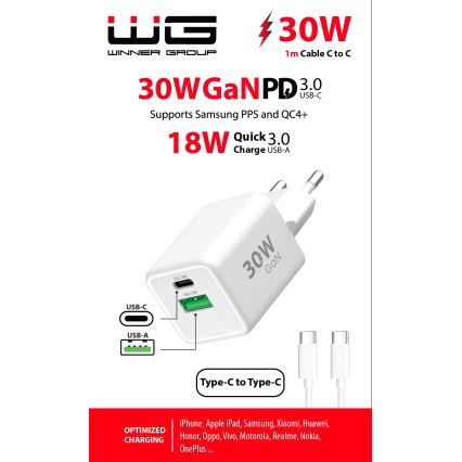 Winner Group - Adaptador para cargador rápido 2xUSB PD 30W + Cable USB USB-C / USB-C 1m