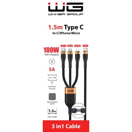 Winner Group - Cable USB 3en1 USB-C / Lightning, USB-C y Micro USB 100W 1,5m negro