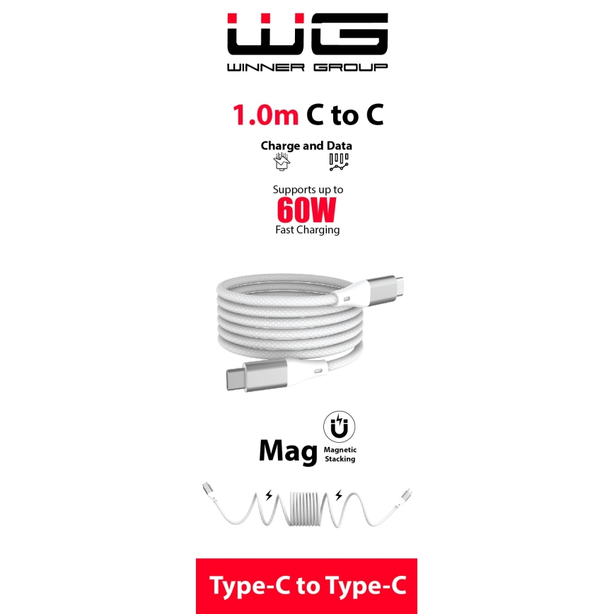 Winner Group - Cable USB magnético USB-C / USB-C 60W 1m blanco