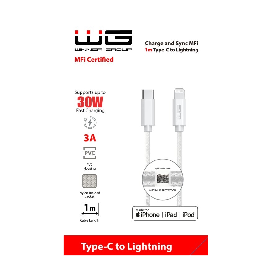 Winner Group - Cable USB MFI Lightning / USB-C 1m blanco