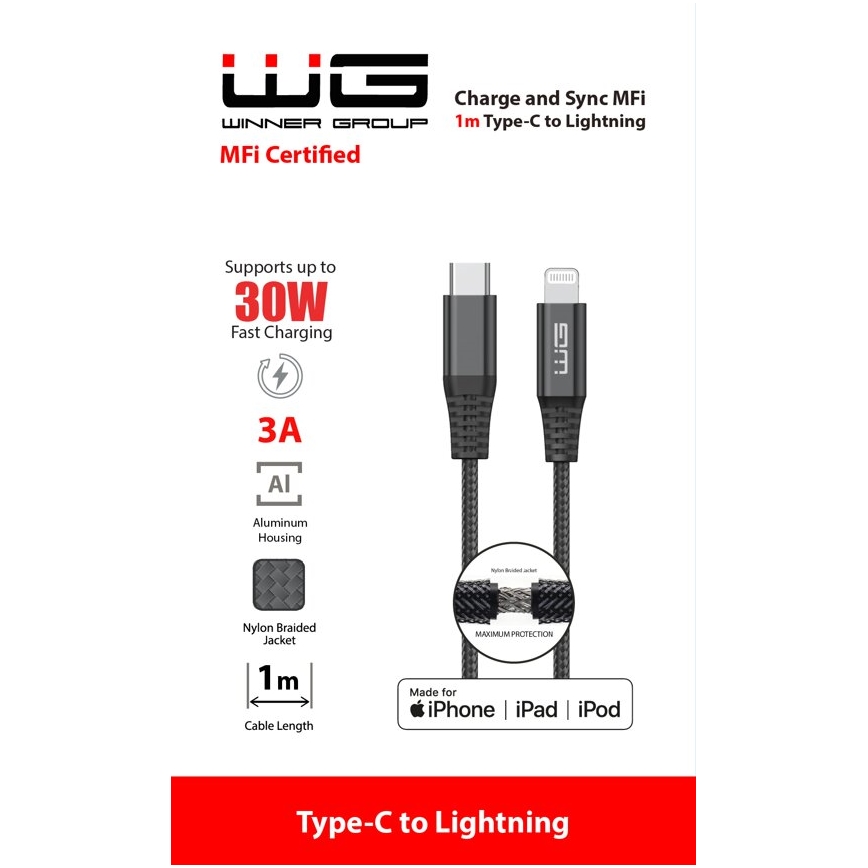 Winner Group - Cable USB MFI Lightning / USB-C 1m negro