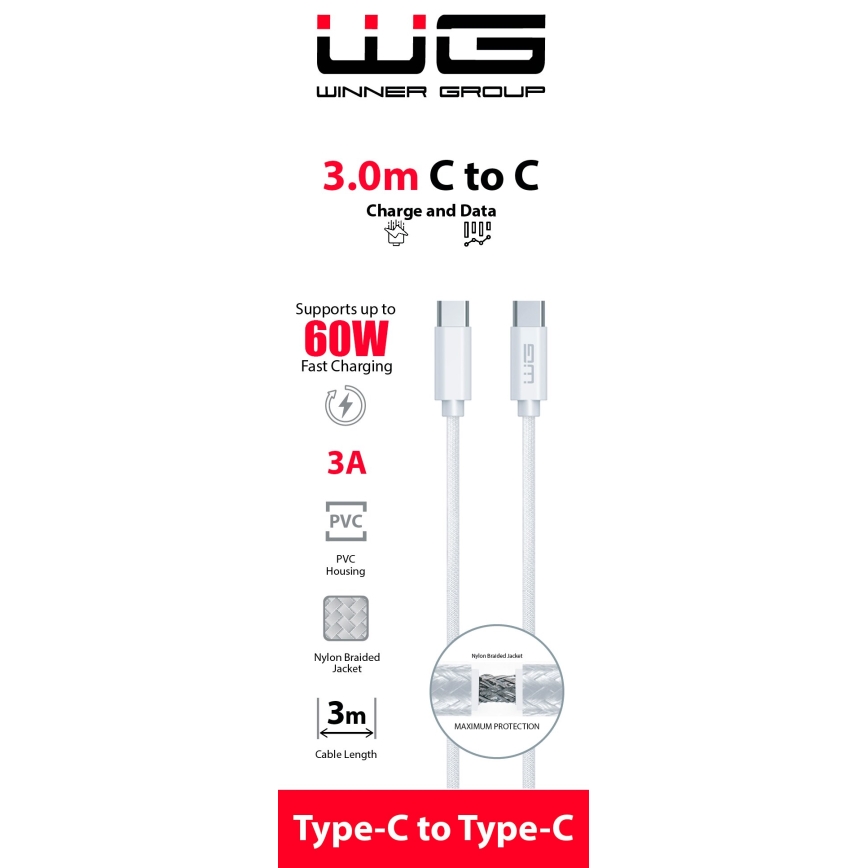 Winner Group - Cable USB USB-C / USB-C 60W 3m blanco