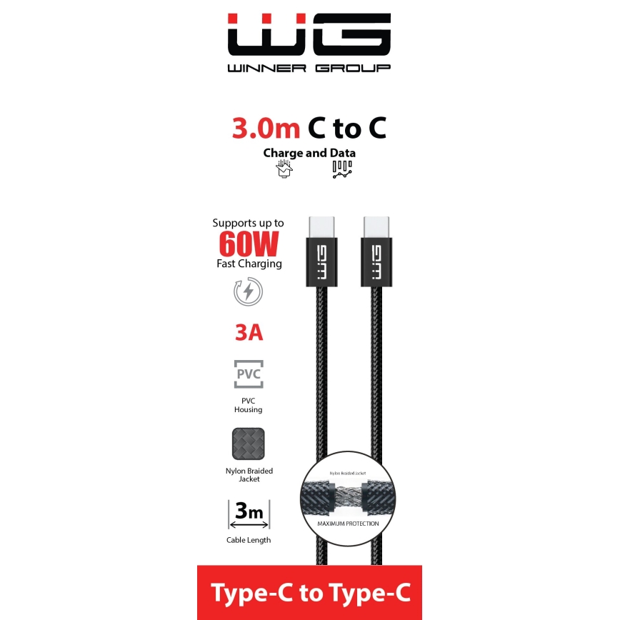 Winner Group - Cable USB USB-C / USB-C 60W 3m negro