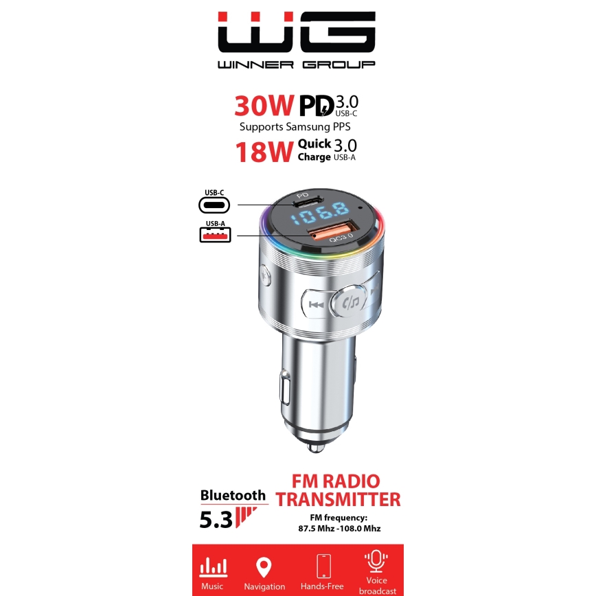 Winner Group - Cargador de coche con transmisor FM y función manos libres 20W plateado