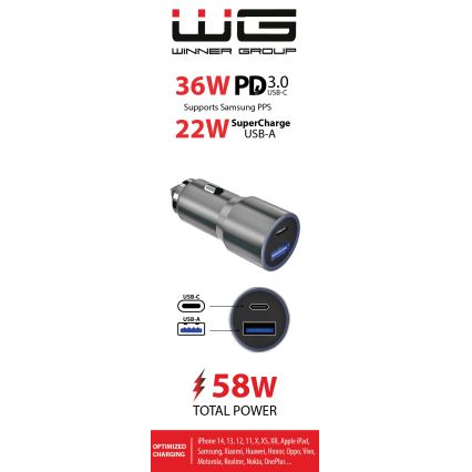 Winner Group - Cargador para coche 1xUSB-C + 1xUSB-A Power Delivery 58,5W plata