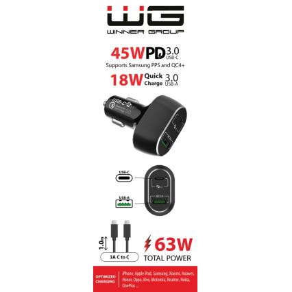 Winner Group - Cargador para coche 1xUSB-C + 1xUSB-A Power Delivery 63W + Cable USB USB-C / USB-C 1 m negro