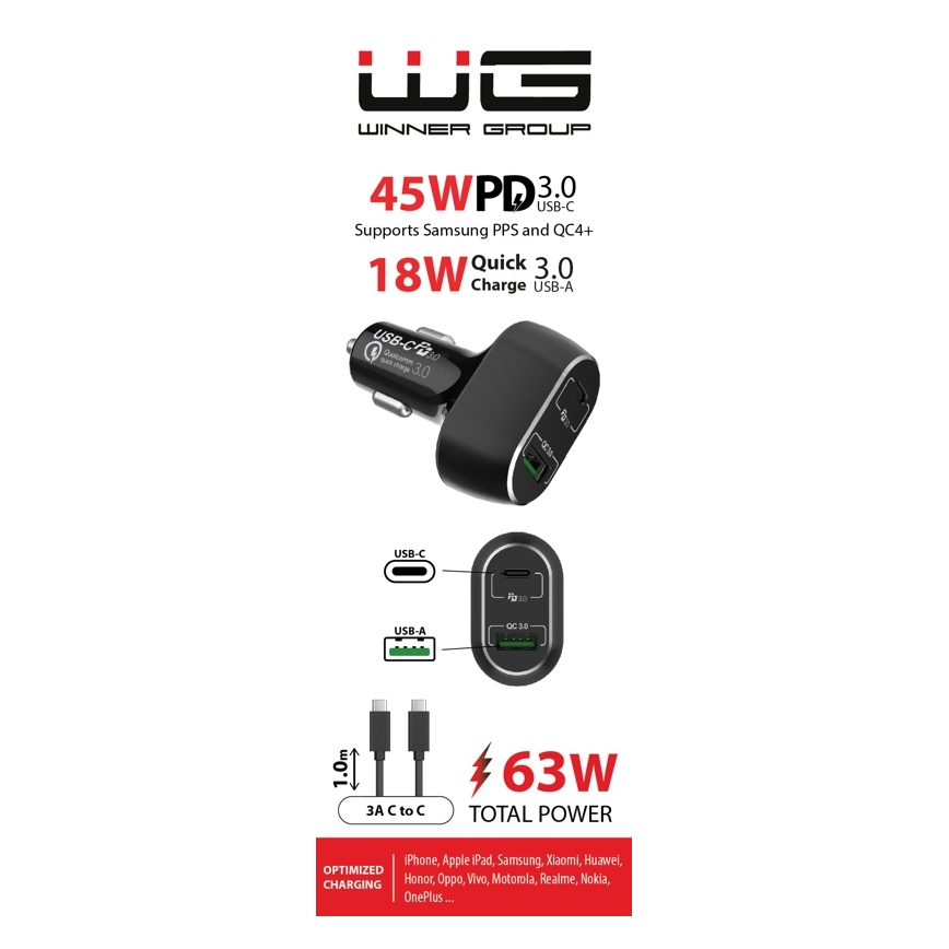 Winner Group - Cargador para coche 1xUSB-C + 1xUSB-A Power Delivery 63W + Cable USB USB-C / USB-C 1 m negro