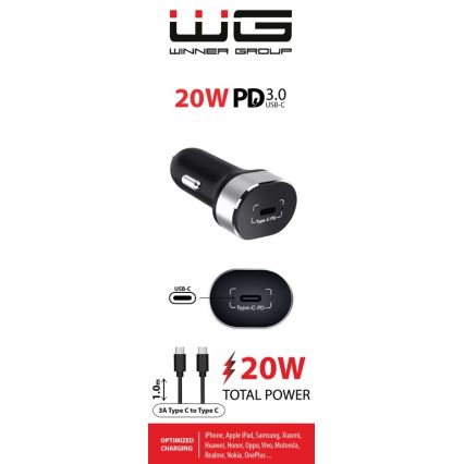 Winner Group - Cargador para coche 1xUSB-C Power Delivery 20W + Cable USB USB-C / USB-C 1 m negro